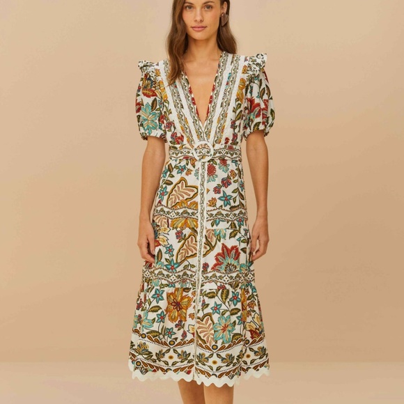 Farm Rio - Off White Botanicals Belted Midi Dress - Medium - Picture 1 of 3